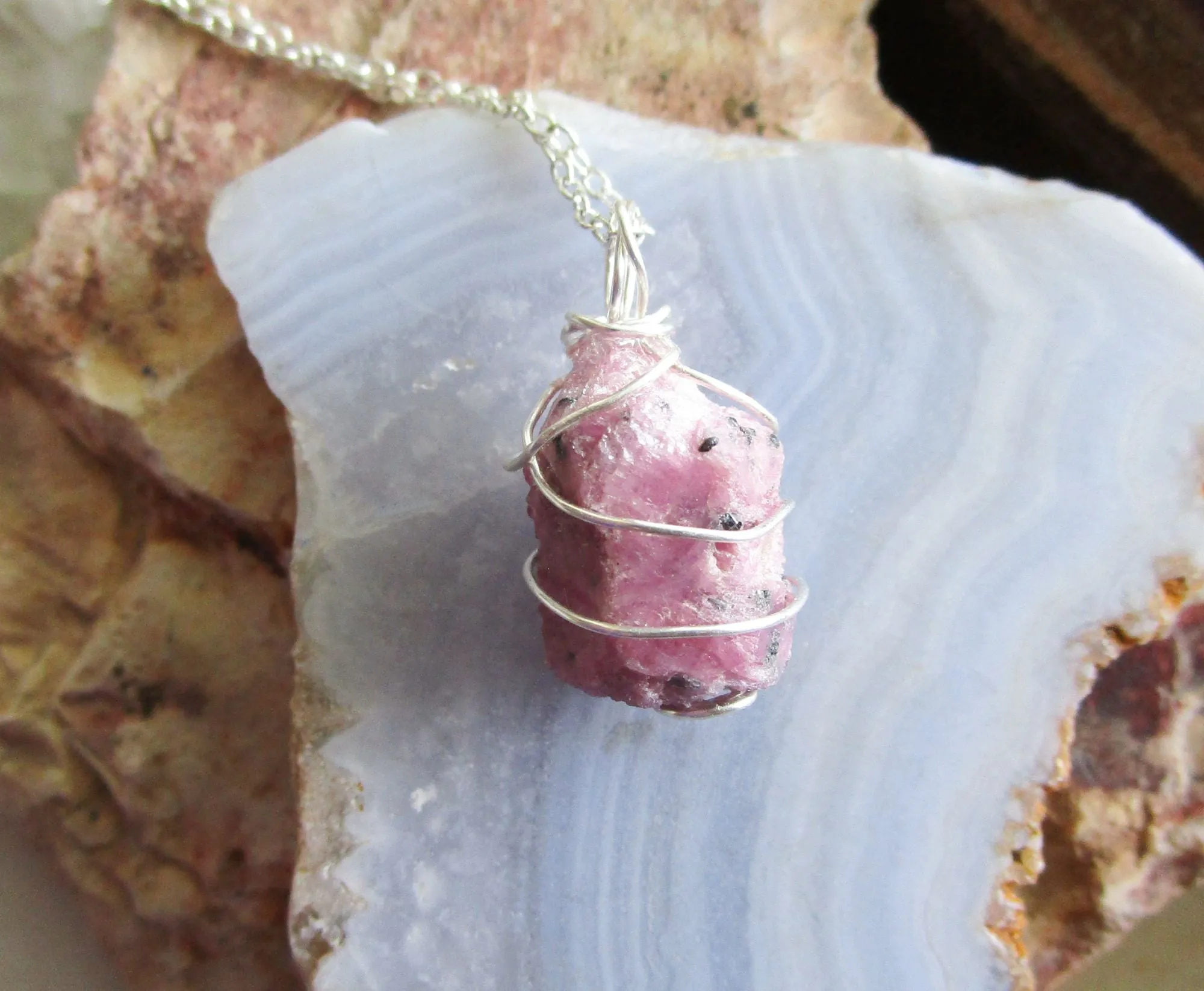 Pink Ruby Raw Natural Gemstone Crystal Pendant Necklace