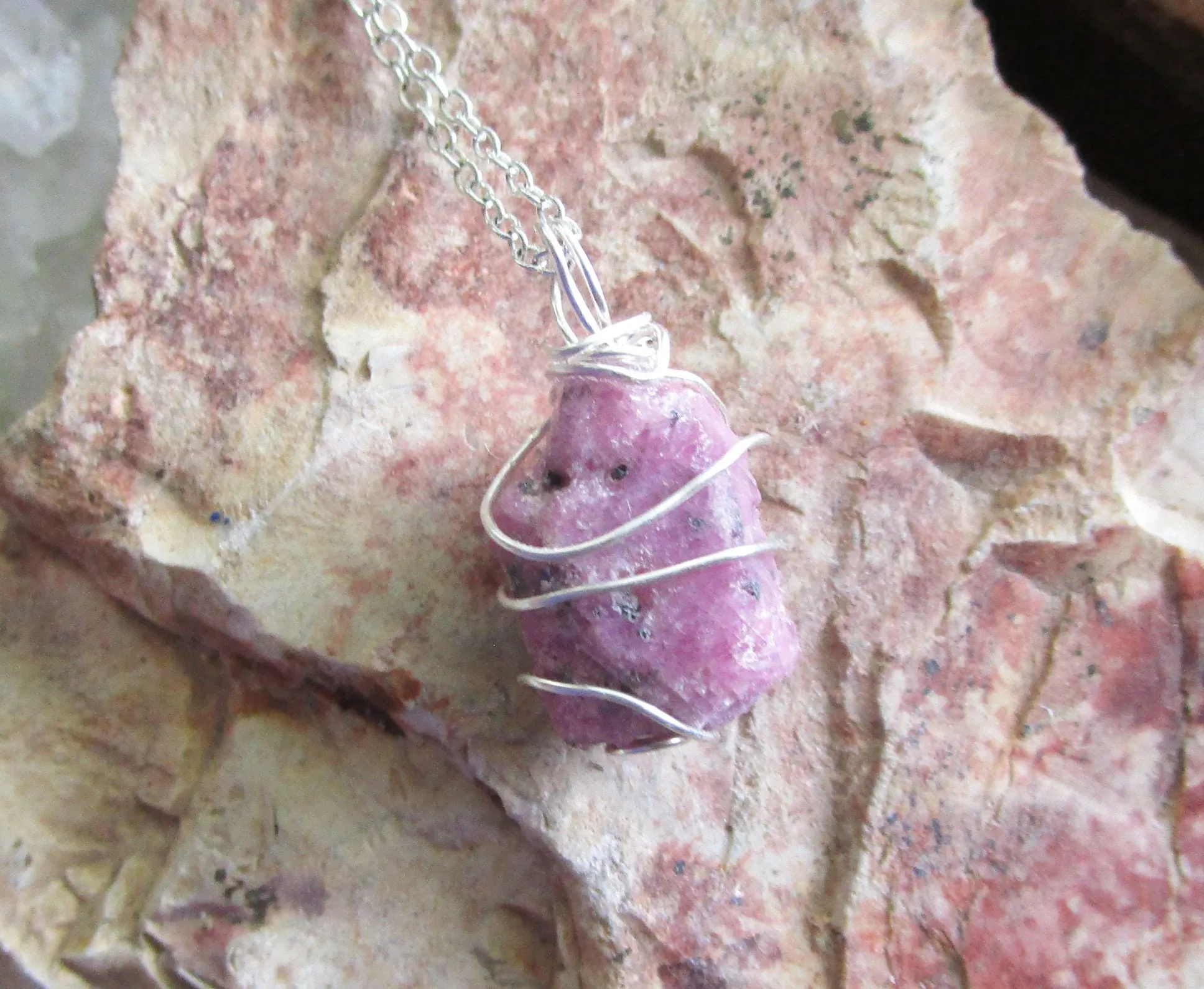 Pink Ruby Raw Natural Gemstone Crystal Pendant Necklace