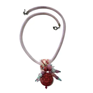 Pink Silk Cord Necklace with Cinnabars, Dragonfly, and Amethyst and Peking Glass Beads Embellishments