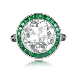 Platinum European cut Diamond and Emerald Halo set Ring