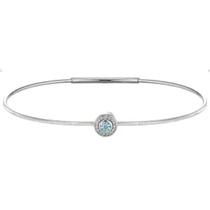 Platinum Finish Sterling Silver Round Simulated Aquamarine Birth Gem Bracelet with Simulated Diamonds