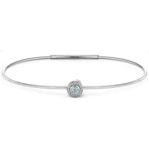 Platinum Finish Sterling Silver Round Simulated Aquamarine Birth Gem Bracelet with Simulated Diamonds