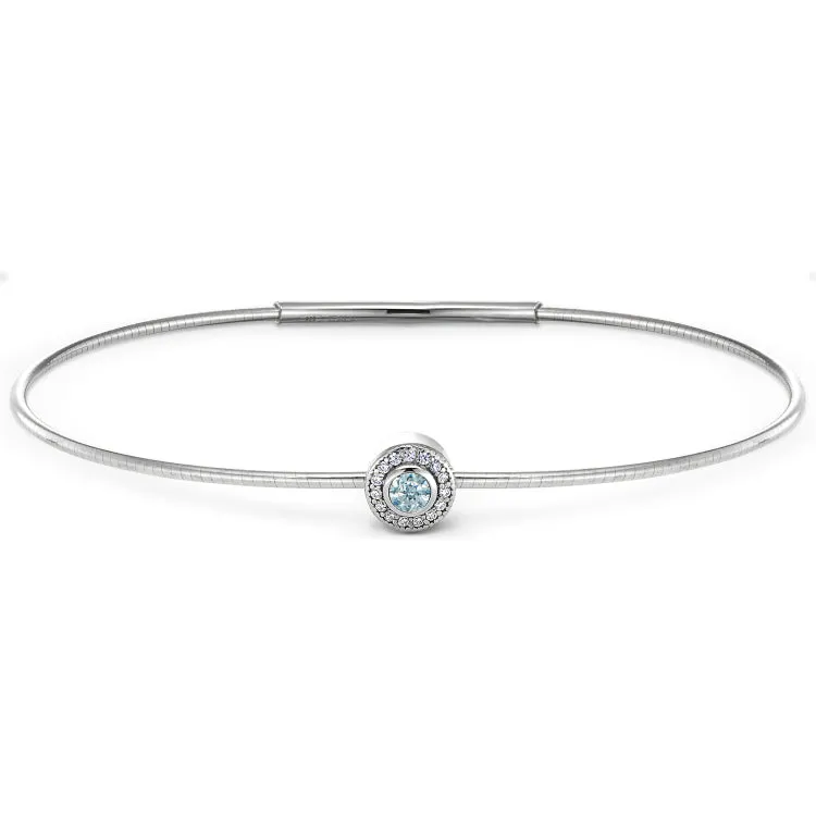 Platinum Finish Sterling Silver Round Simulated Aquamarine Birth Gem Bracelet with Simulated Diamonds