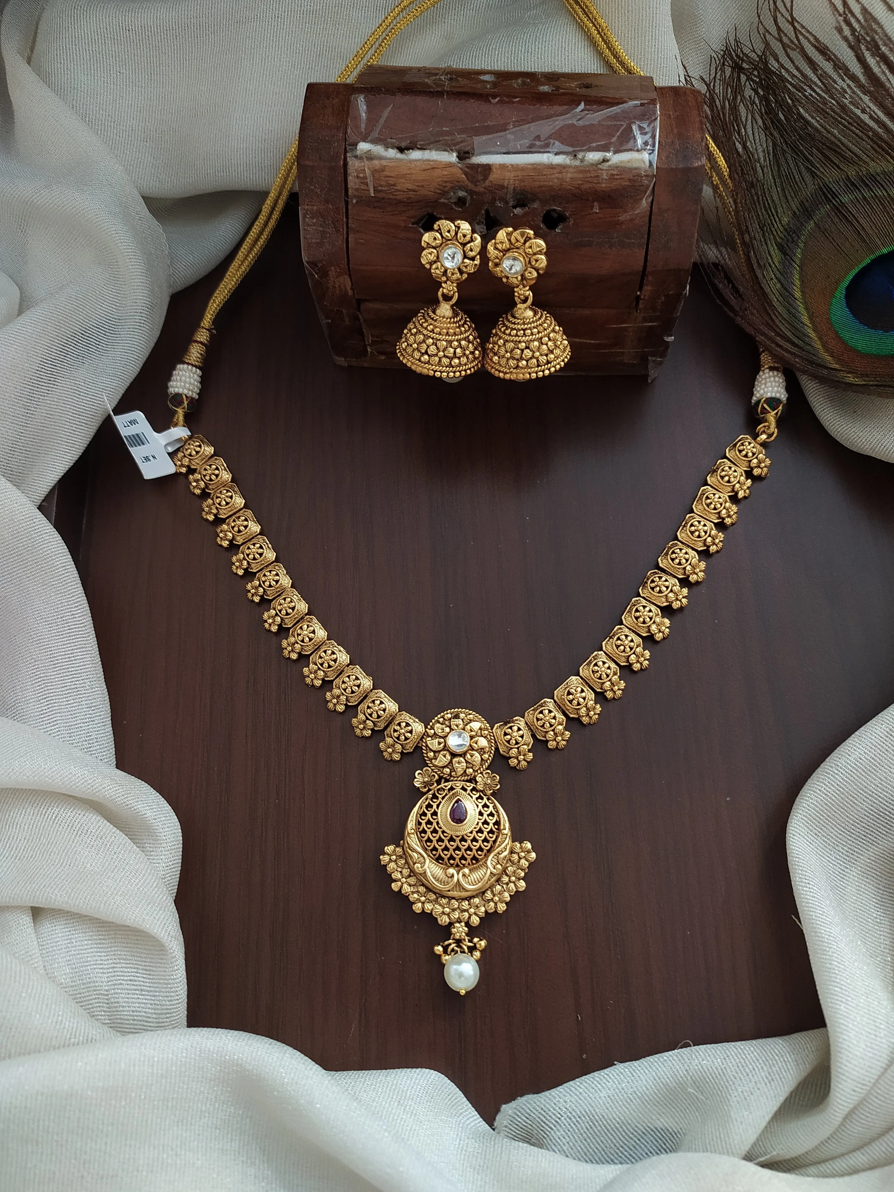 "Antique Plain Gold Replica Necklace with Jhumki - Ruby and White Stone Accents"