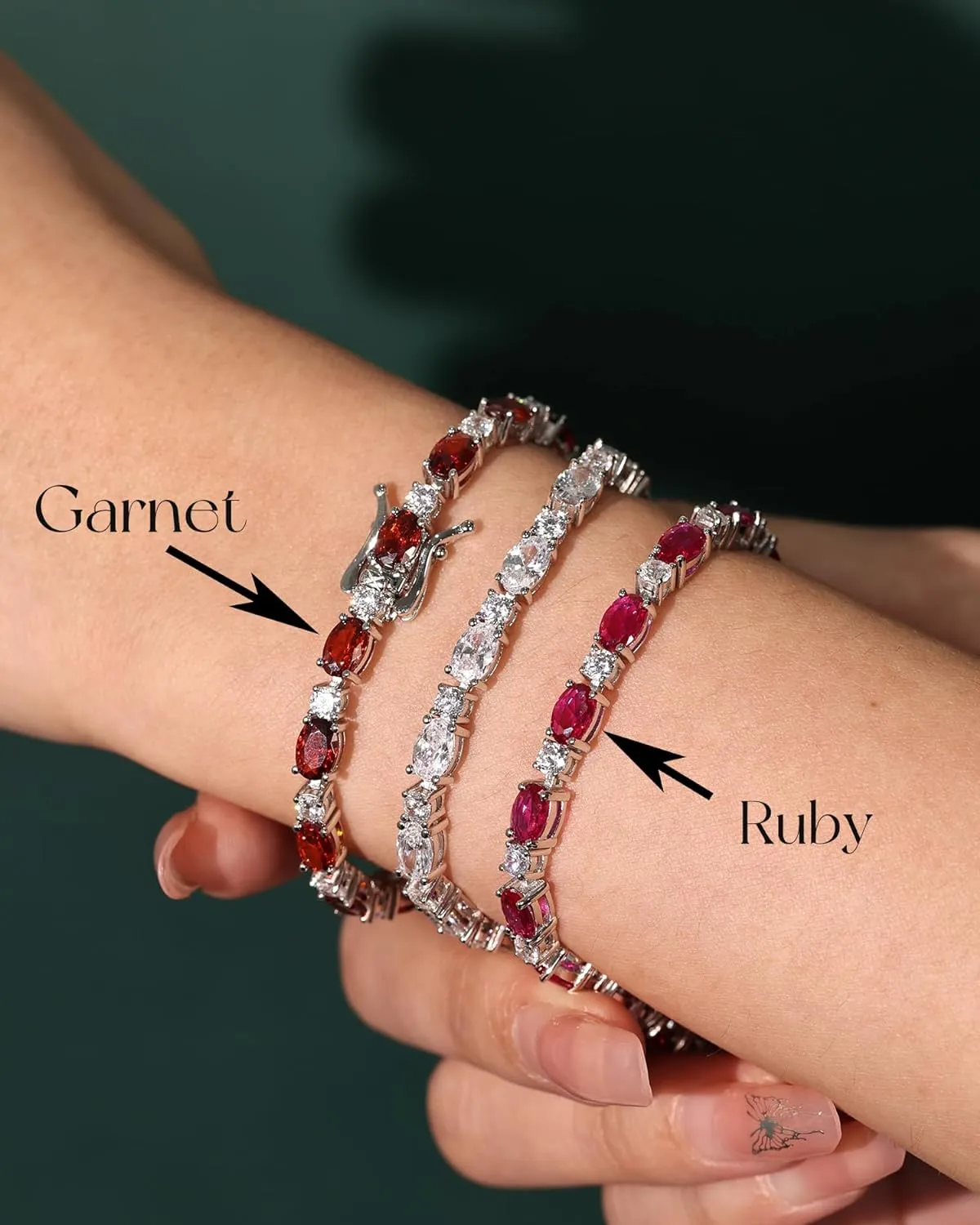 "Glamour Radiance" January Birthstone Fancy Cut Tennis Garnet Sterling Silver Bracelet