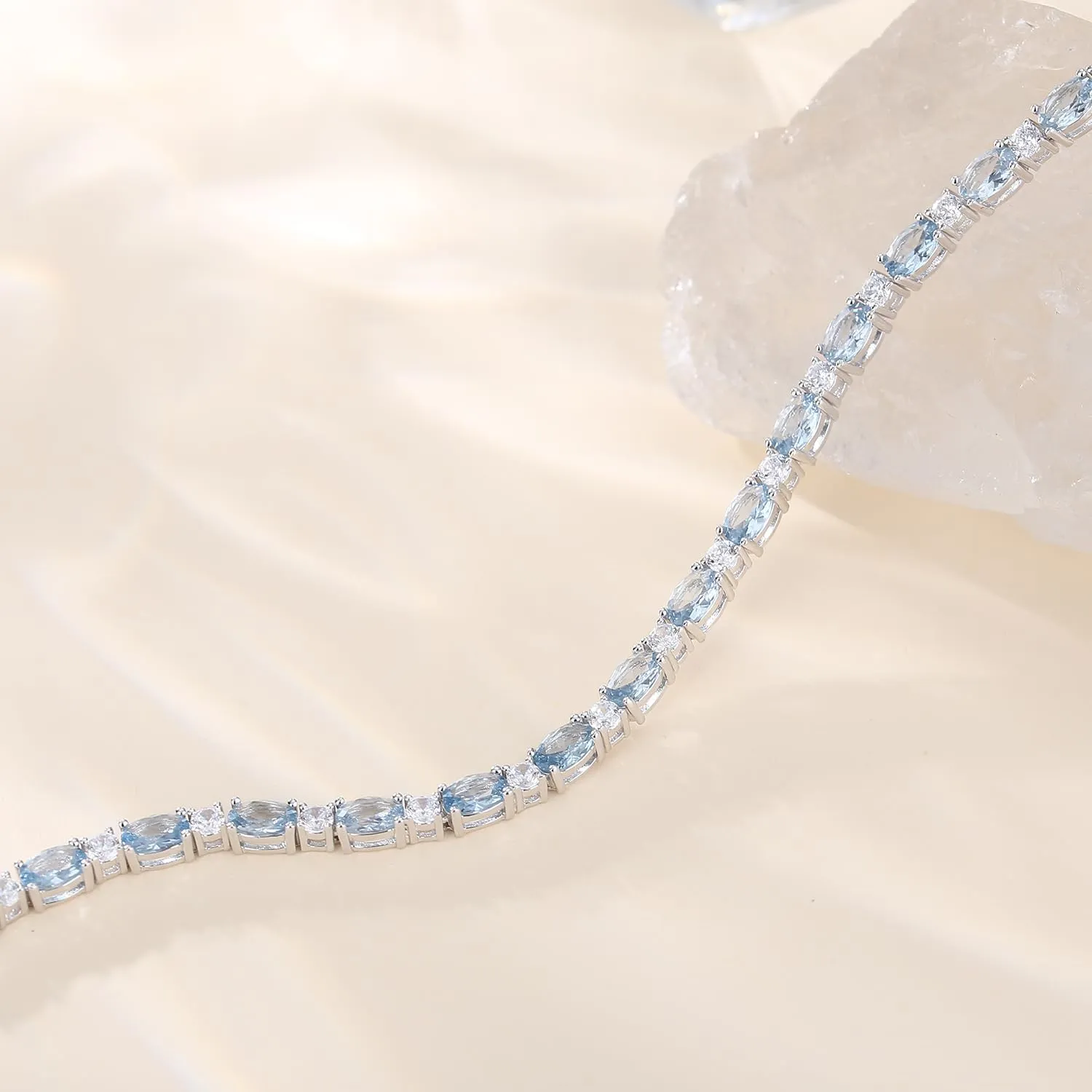 "Glamour Radiance" March Birthstone Fancy Cut Tennis Aquamarine Sterling Silver Bracelet