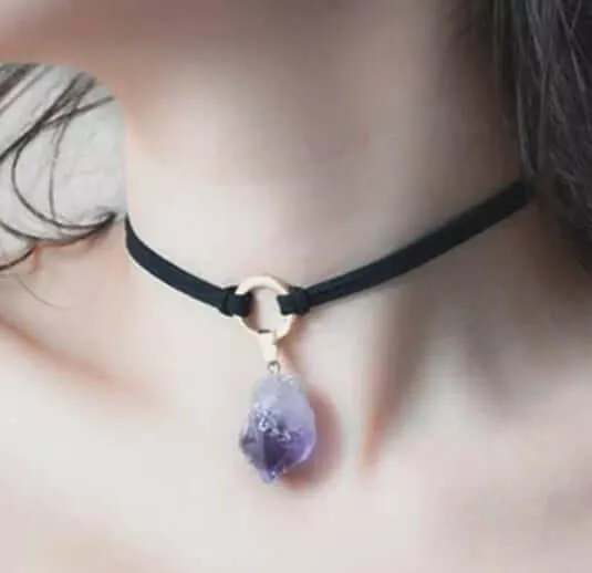 Raw Amethyst Natural Crystal Handmade Choker Necklace Suede Boho Style Black Leather