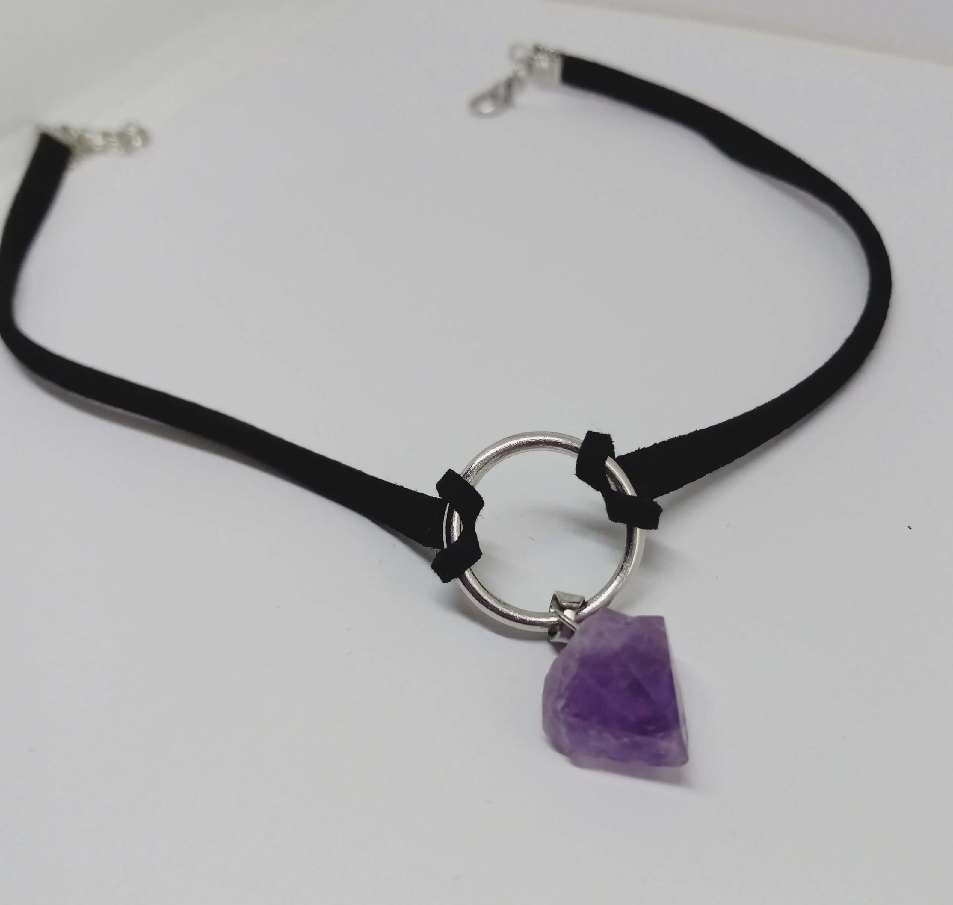 Raw Amethyst Natural Crystal Handmade Choker Necklace Suede Boho Style Black Leather