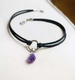 Raw Amethyst Natural Crystal Handmade Choker Necklace Suede Boho Style Black Leather