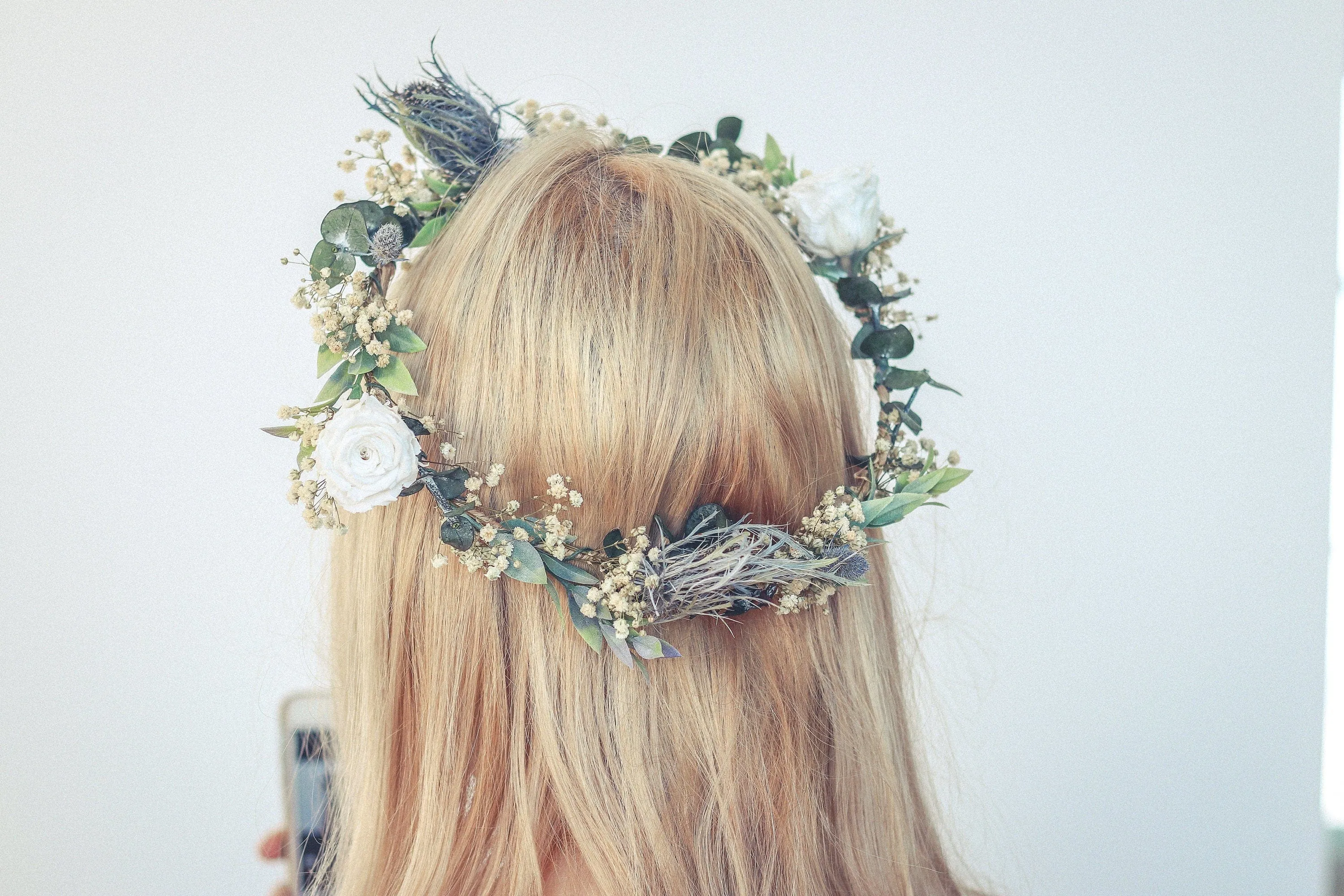 Real Dried Thistle Crown, Dried Eucalyptus and Preserved White Roses with Thistles Crown, Boho Flower Crown , Bridal Crown