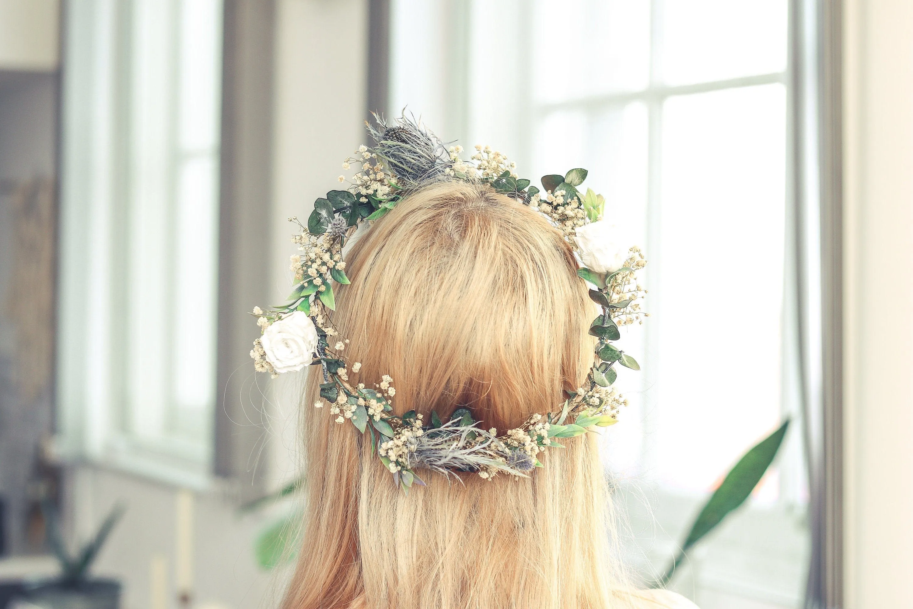 Real Dried Thistle Crown, Dried Eucalyptus and Preserved White Roses with Thistles Crown, Boho Flower Crown , Bridal Crown