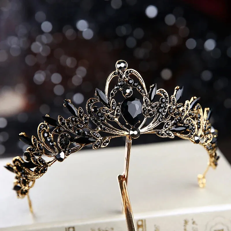 Retro Black Bridal Crystal Tiaras Crowns Princess Rhinestone Veil Tiara Hair Accessory