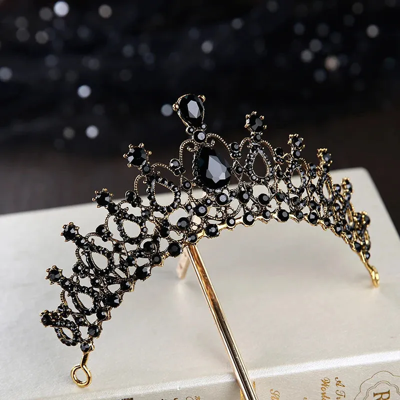 Retro Black Bridal Crystal Tiaras Crowns Princess Rhinestone Veil Tiara Hair Accessory