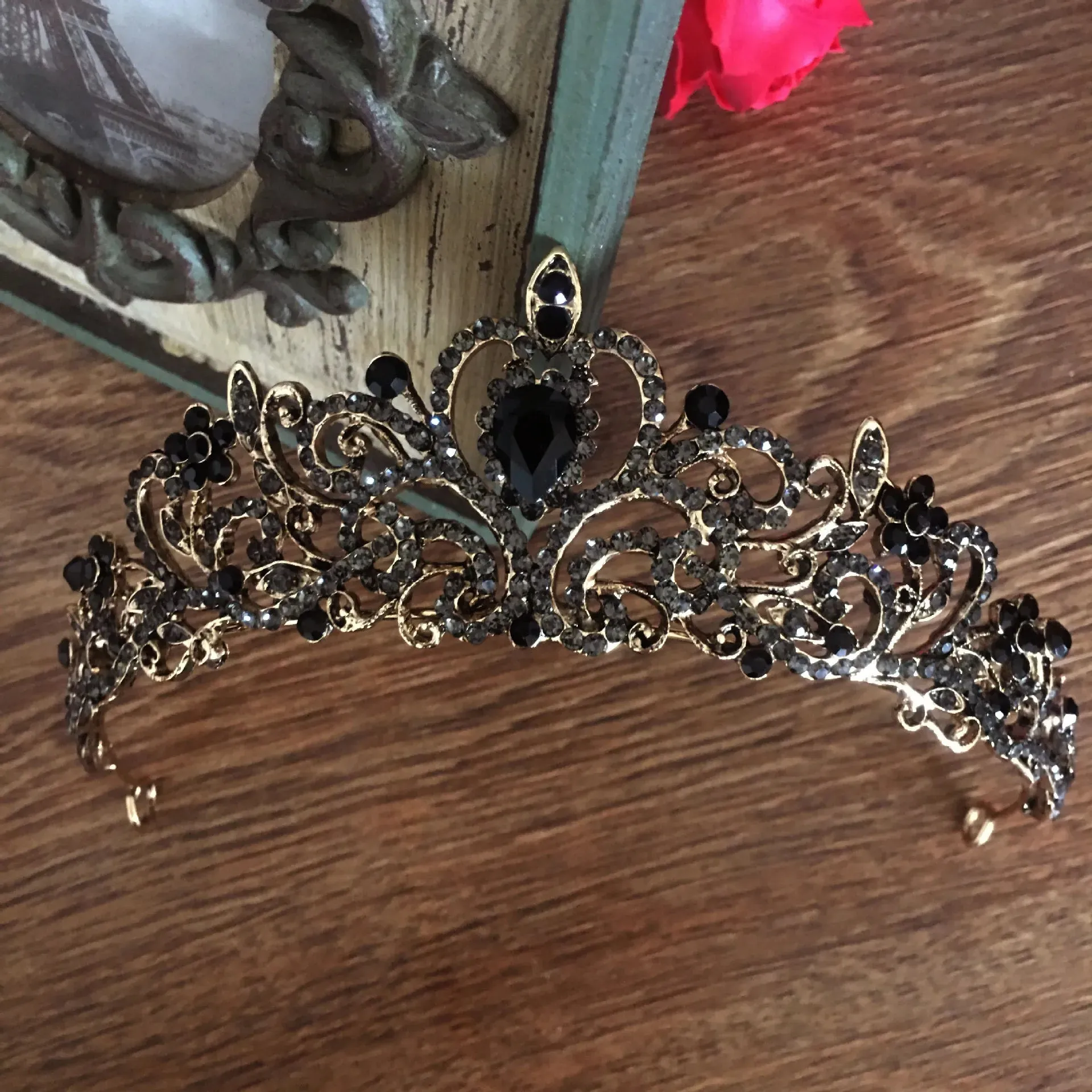 Retro Black Bridal Crystal Tiaras Crowns Princess Rhinestone Veil Tiara Hair Accessory