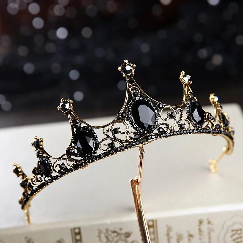 Retro Black Bridal Crystal Tiaras Crowns Princess Rhinestone Veil Tiara Hair Accessory