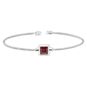 Rhodium Finish Sterling Silver Cable Cuff Bracelet with Princess Cut Simulated Garnet Birth Gem