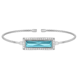 Rhodium Finish Sterling Silver Cable Cuff Bracelet with Rectangular Simulated Aquamarine Stone and Simulated Diamonds