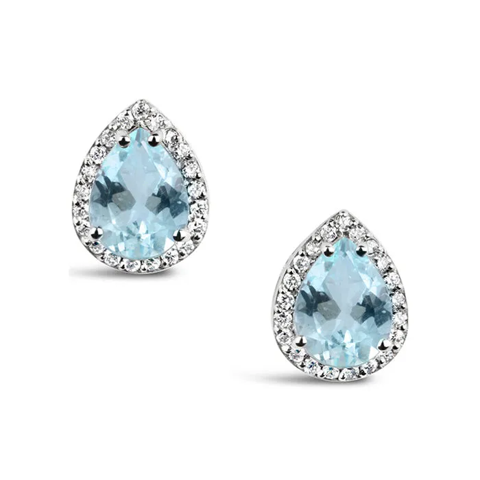 Rocks Pear Aquamarine & Diamond Halo Stud Earrings