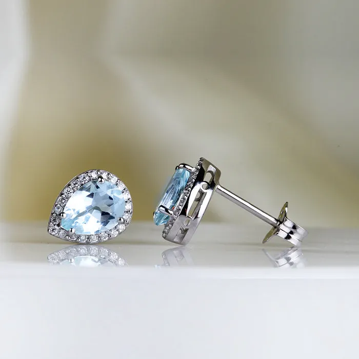 Rocks Pear Aquamarine & Diamond Halo Stud Earrings