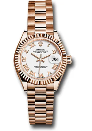 Rolex Everose Gold Lady-Datejust 28 Watch - Fluted Bezel - White Roman Dial - President Bracelet - 279175 wrp