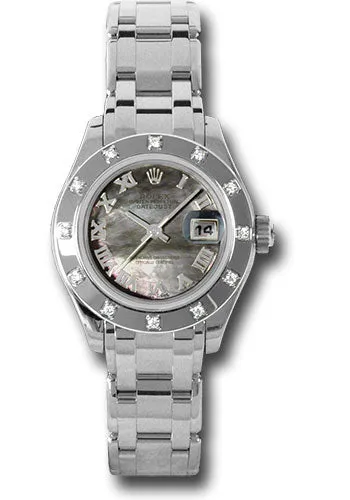 Rolex White Gold Lady-Datejust Pearlmaster 29 Watch - 12 Diamond Bezel - Dark Mother-Of-Pearl Roman Dial - 80319 dkmr