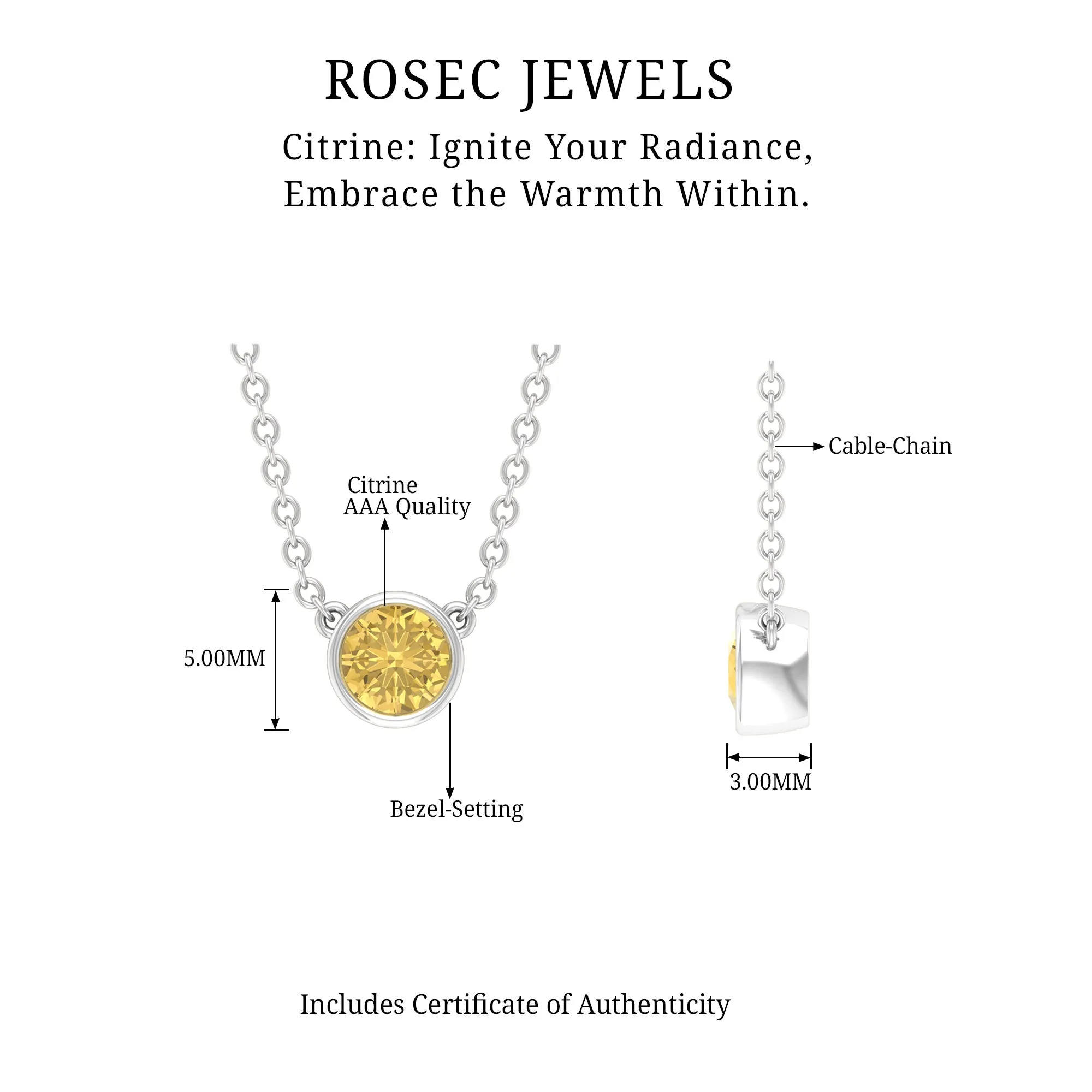 Round Shape Citrine Solitaire Necklace in Bezel Setting