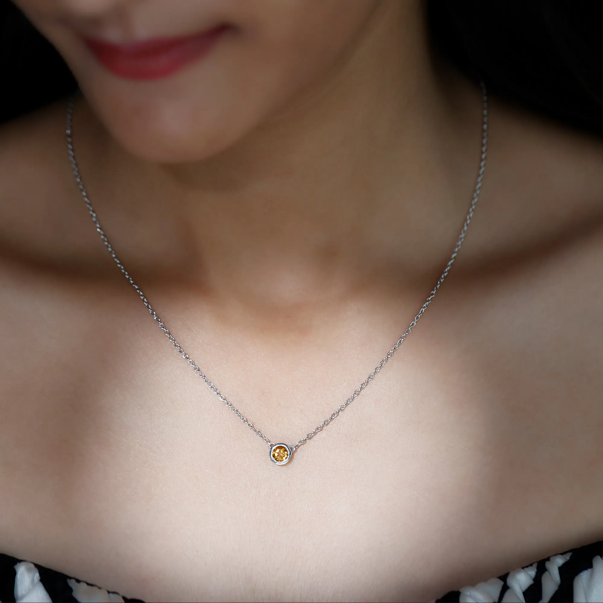 Round Shape Citrine Solitaire Necklace in Bezel Setting