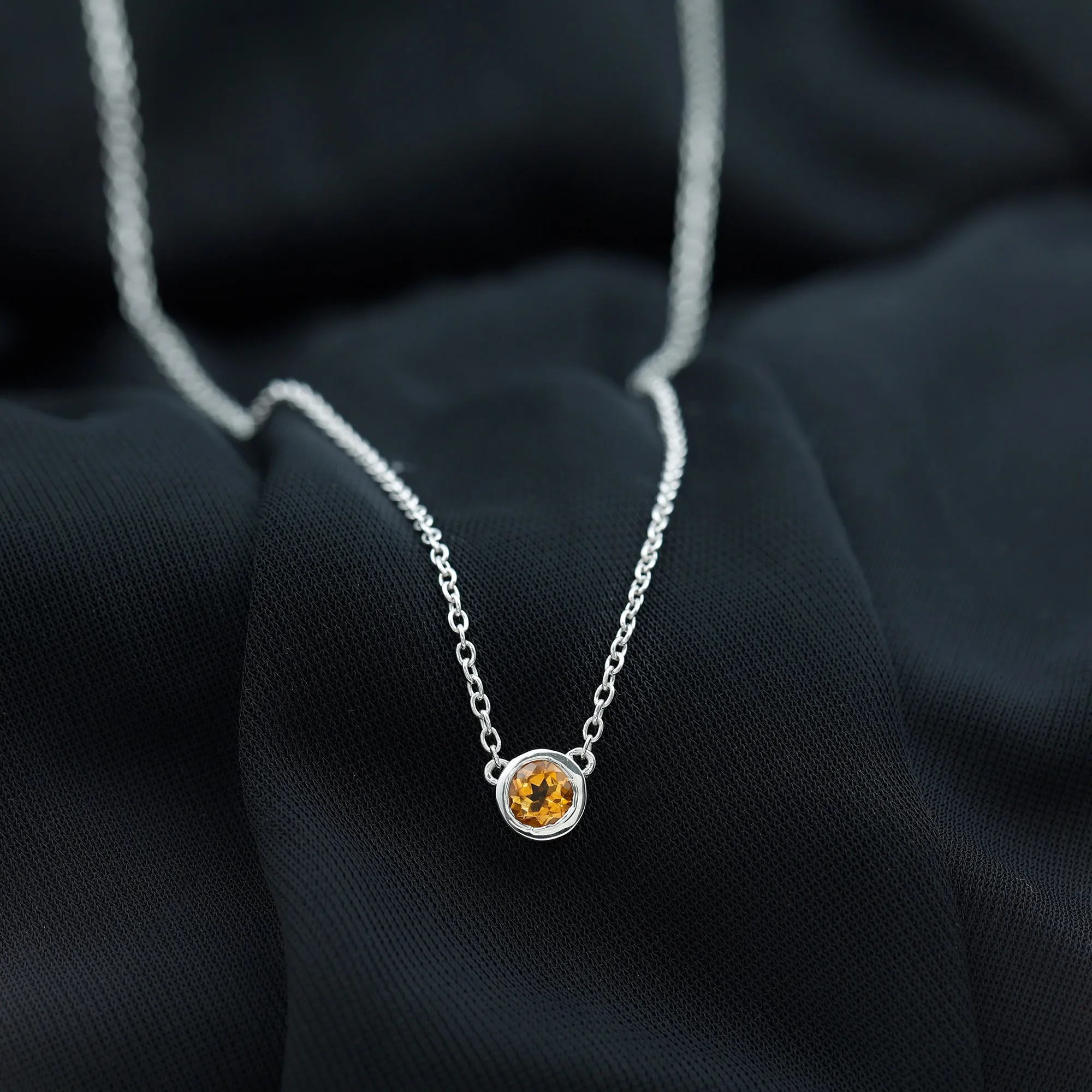 Round Shape Citrine Solitaire Necklace in Bezel Setting