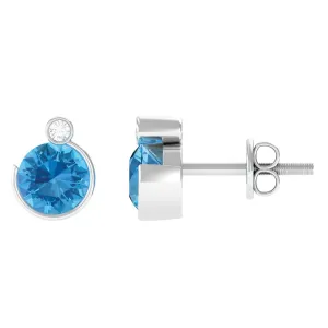 Round Swiss Blue Topaz Stud Earrings with Moissanite