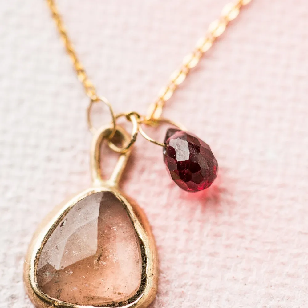 Rutilated Quartz Necklace with Garnet in 14k Gold