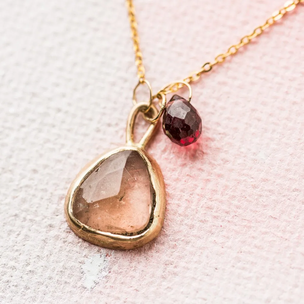 Rutilated Quartz Necklace with Garnet in 14k Gold