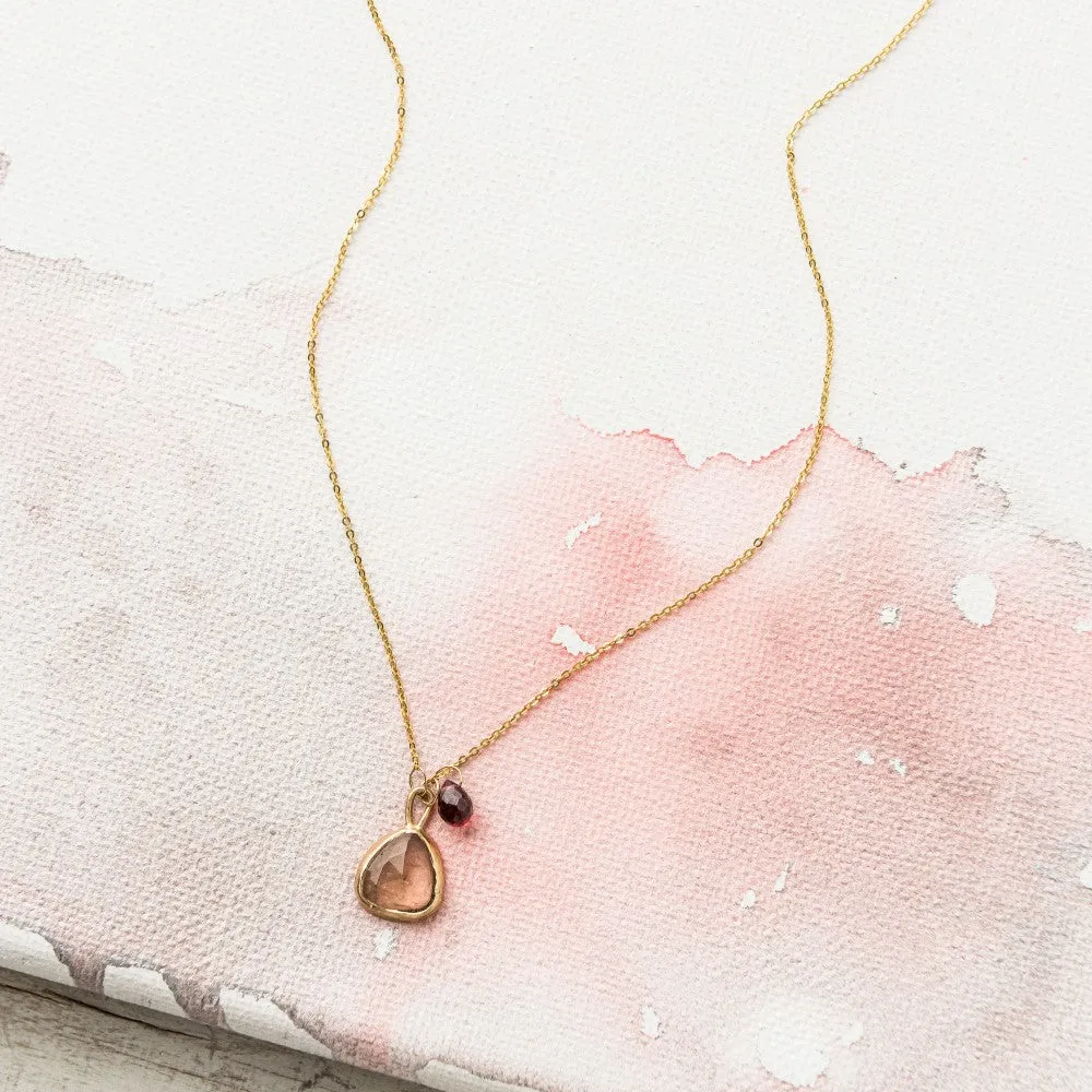 Rutilated Quartz Necklace with Garnet in 14k Gold