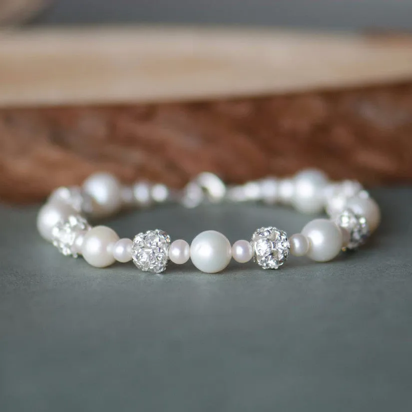 Single Row Rhinestone Freshwater Pearls Wedding Bracelet, Pearls Bridal Bracelet