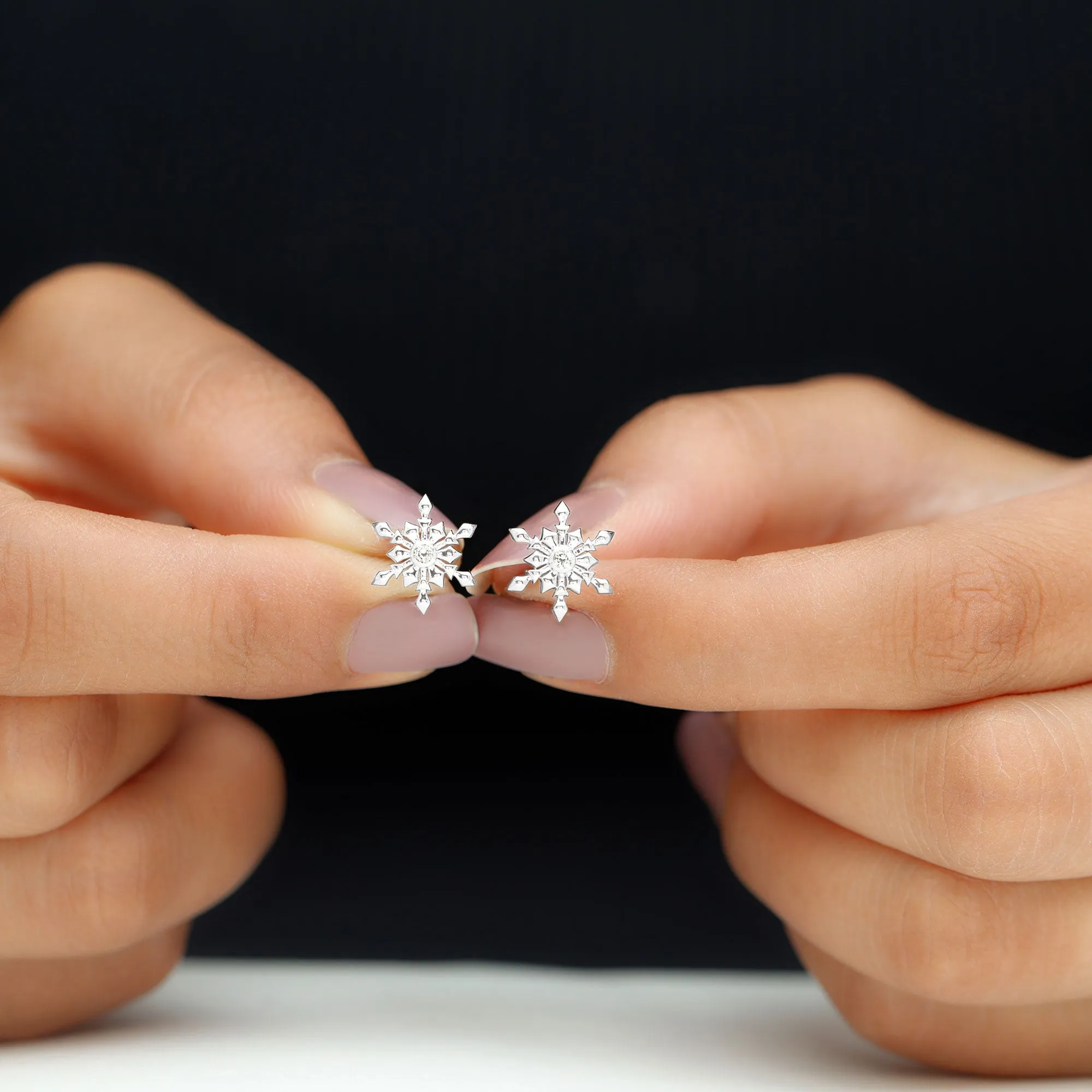 Snowflake Stud Earrings with Bezel Set Diamond