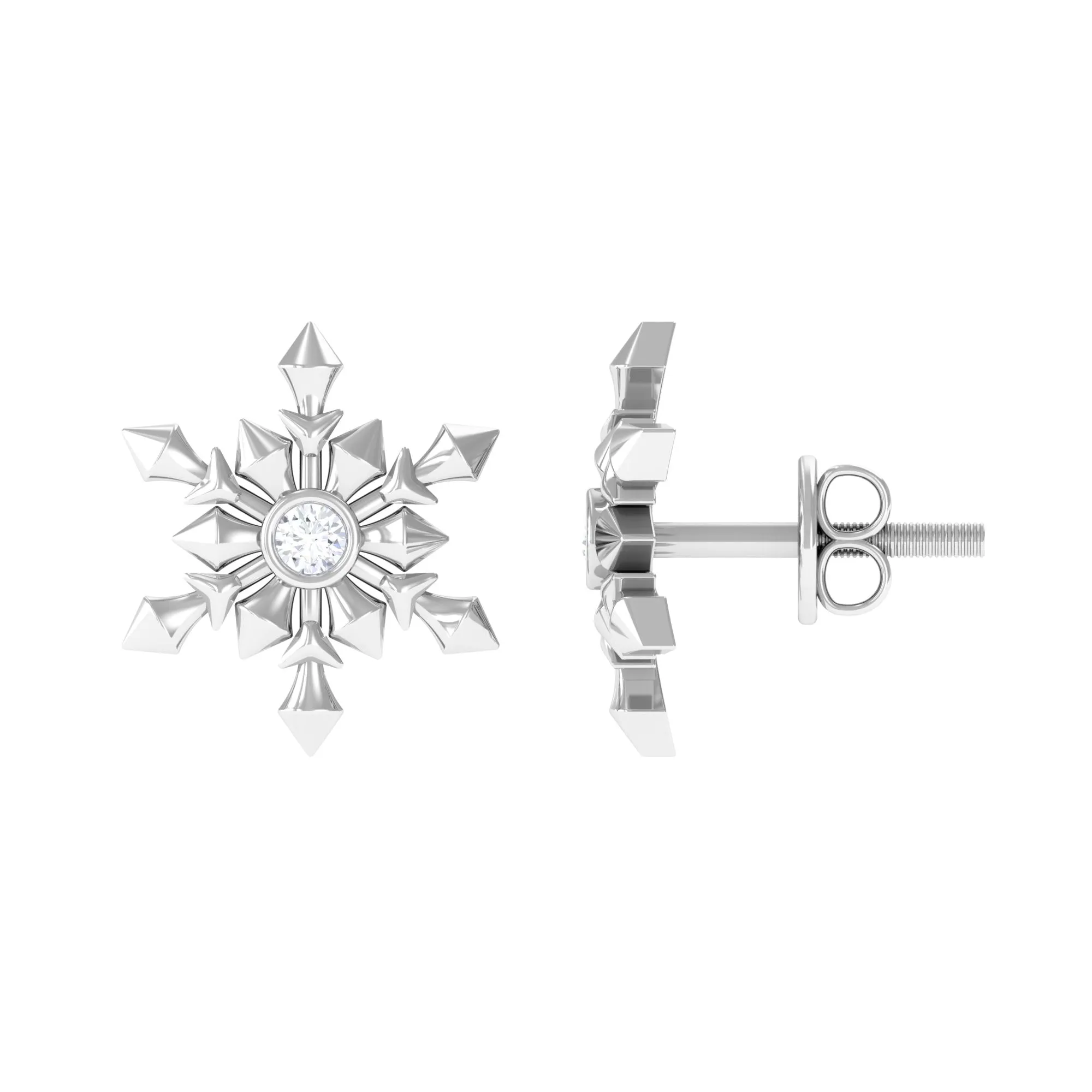 Snowflake Stud Earrings with Bezel Set Diamond