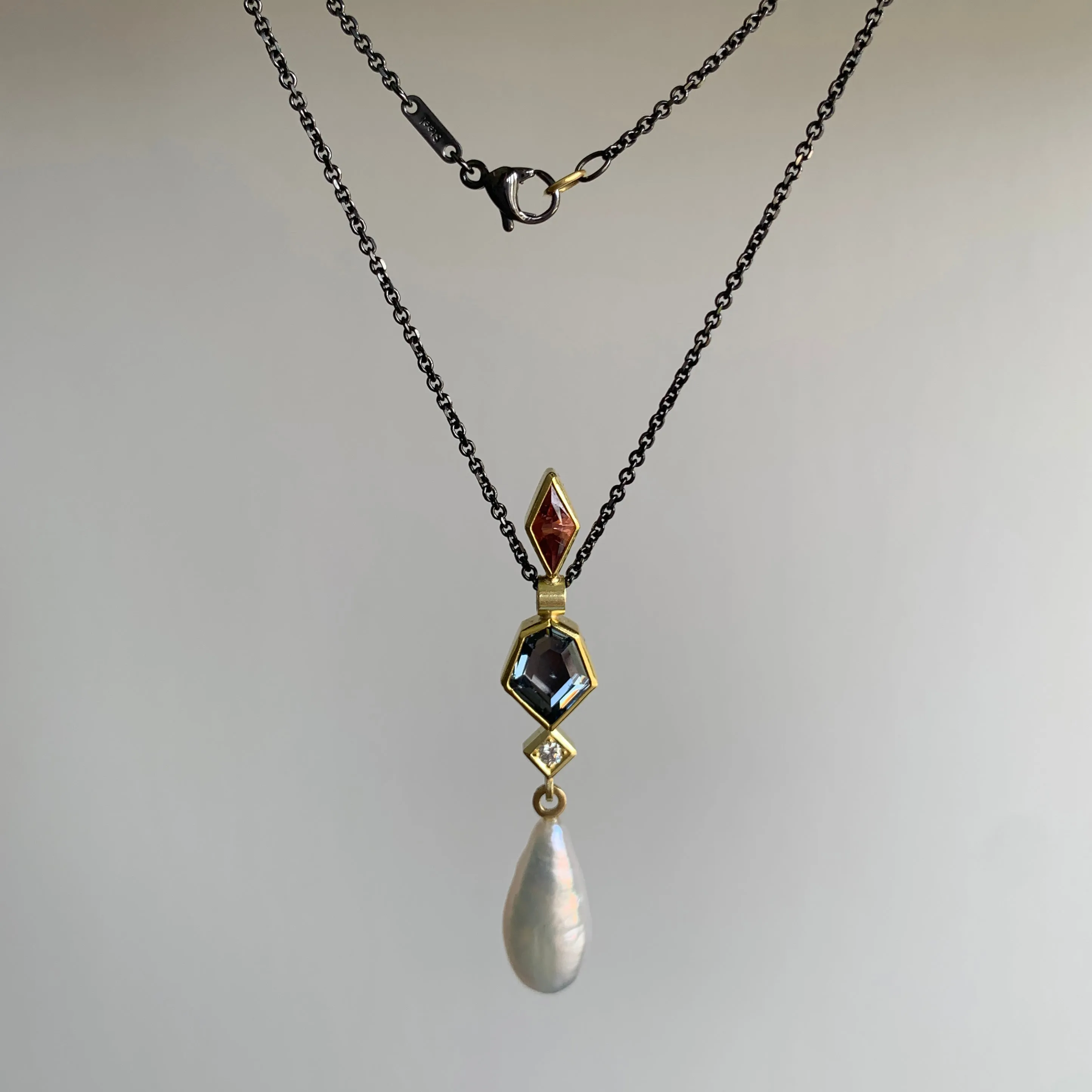 Spinel, Garnet, Diamond, and Pearl Wand Pendant