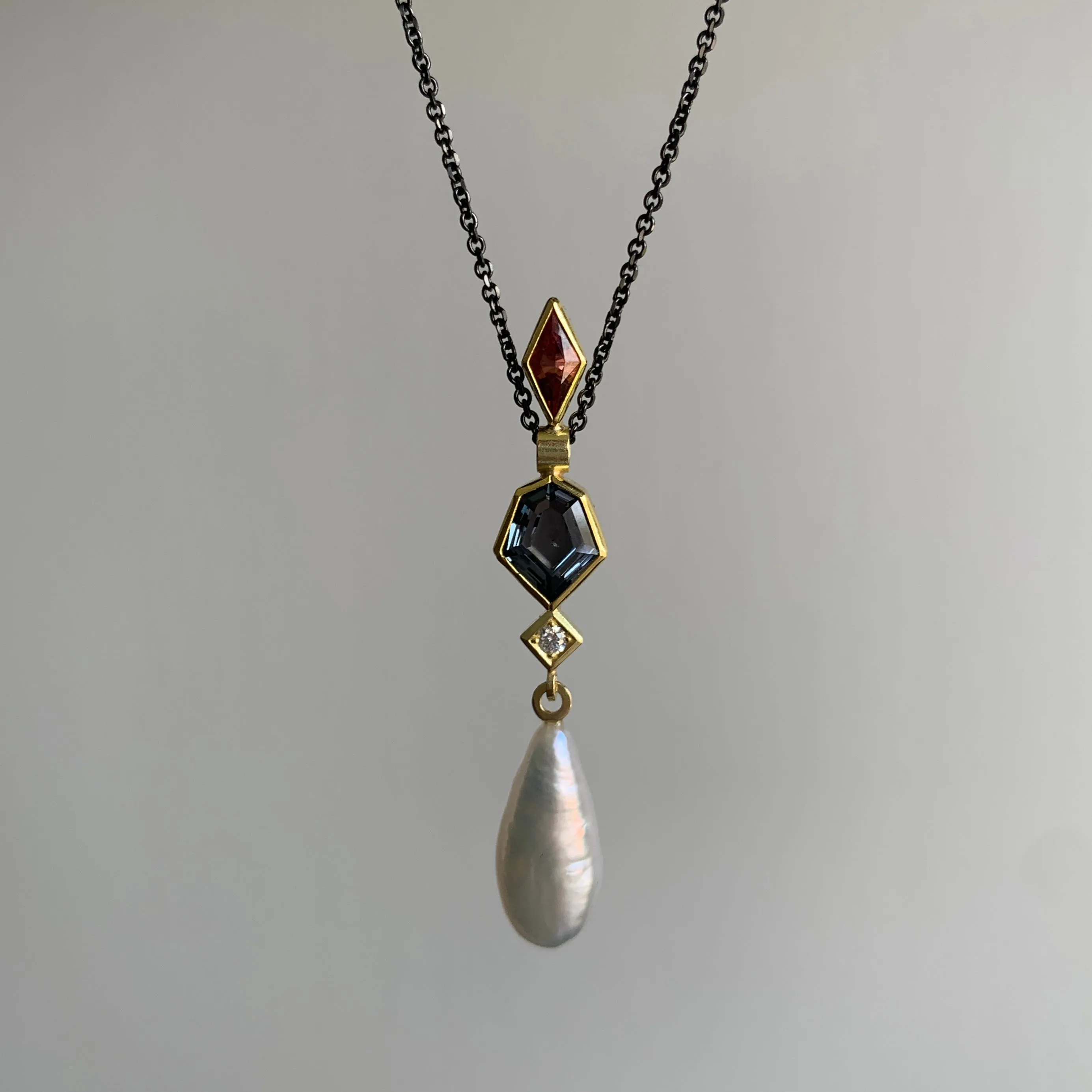 Spinel, Garnet, Diamond, and Pearl Wand Pendant