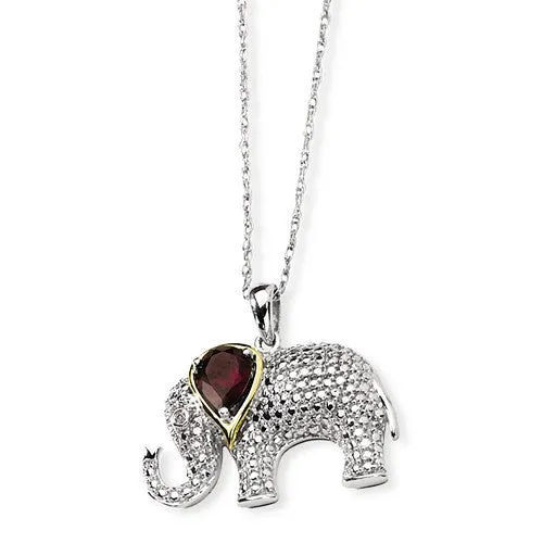 Sterling Silver & 14k Gold Garnet And Diamond Elephant Necklace