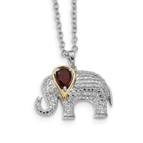 Sterling Silver & 14k Gold Garnet And Diamond Elephant Necklace