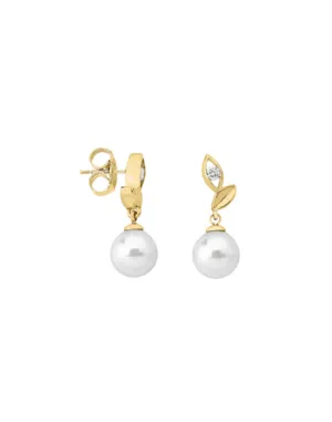 Sterling Silver Gold Plated Earrings, for Women with Short Post and Organic Pearl, 8mm Round White Pearl and Zircon, Selene   Collection