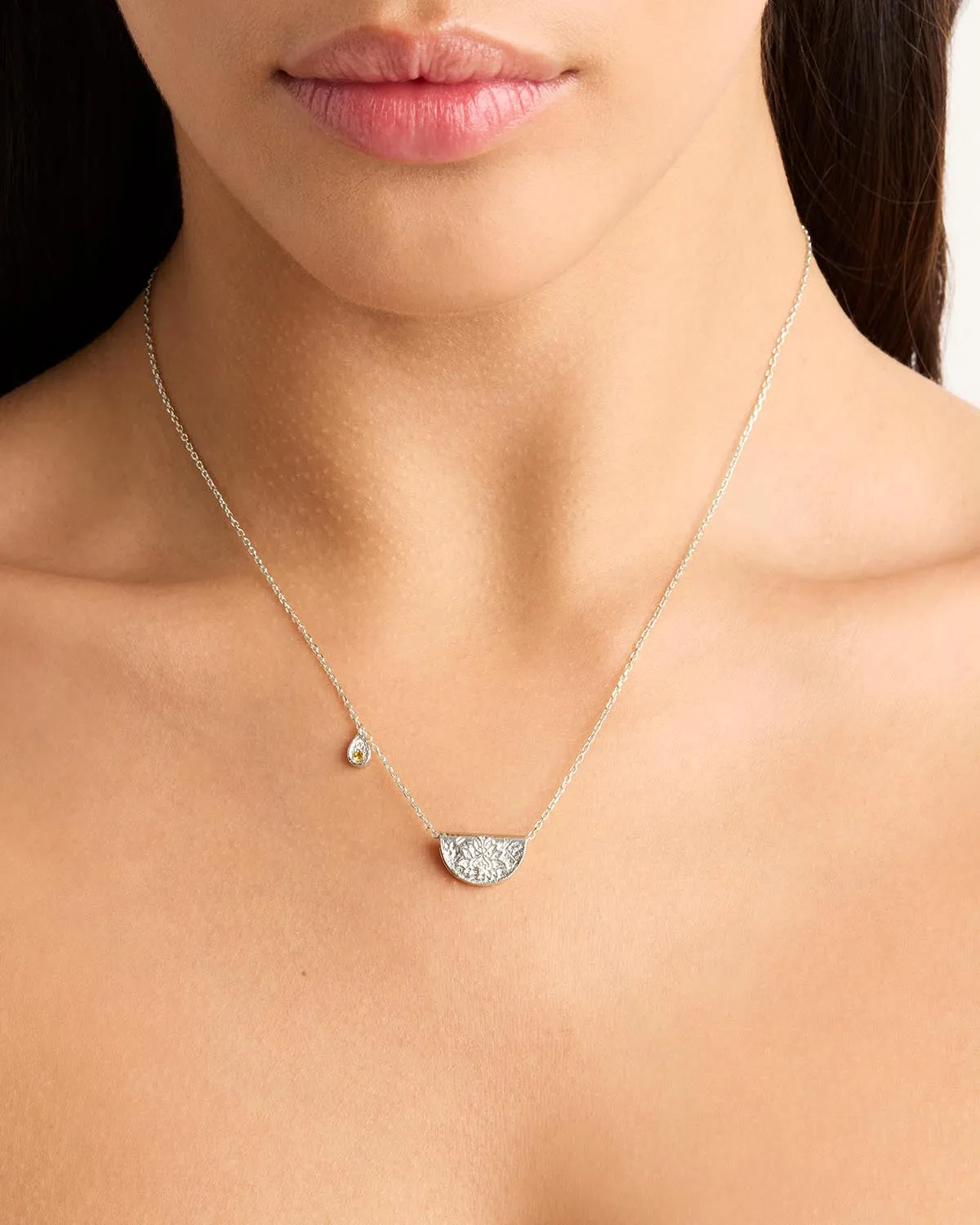 Sterling Silver Lotus Birthstone Necklace - November - Citrine