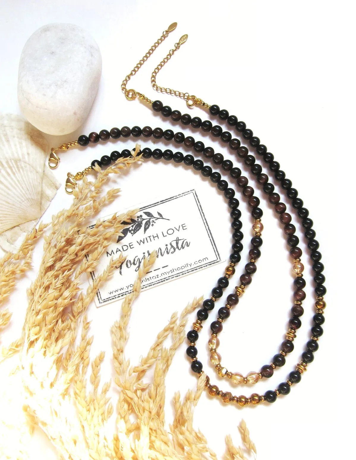 Tourmaline, Gold Hematite Beaded Necklace in Stainless Gold Clasp