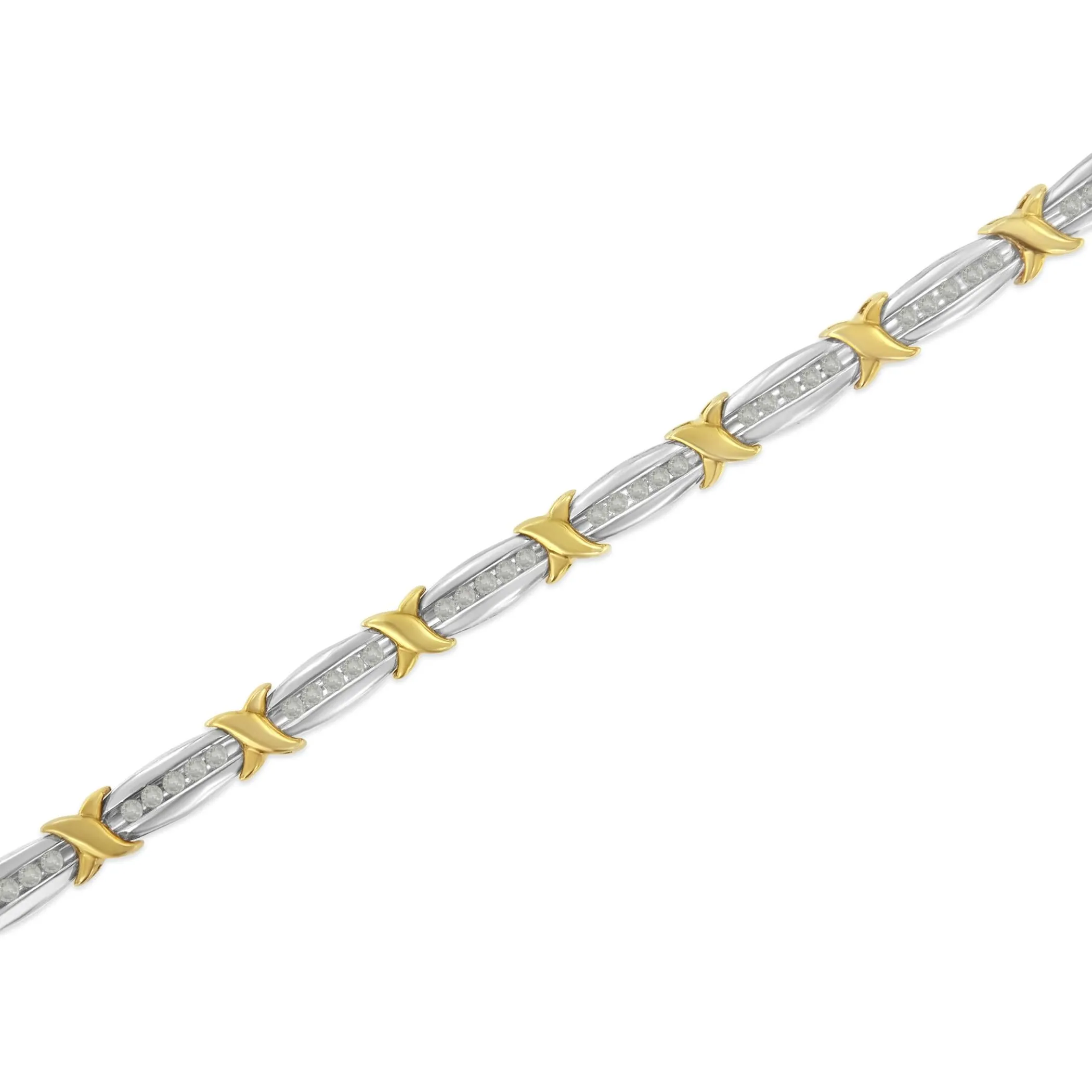 Two-Tone 10K Yellow Gold over .925 Sterling Silver 1.0 Cttw Diamond Channel Set Tapered & X-Link 7" Tennis Bracelet (H-I Color, I2-I3 Clarity)