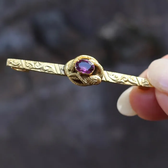 Victorian 9ct Gold Bar Brooch with Snake & Garnet Detail, 9ct Yellow Gold, 2.66g