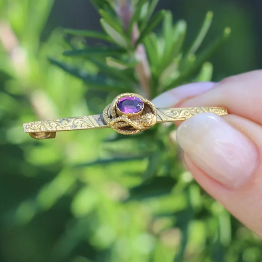 Victorian 9ct Gold Bar Brooch with Snake & Garnet Detail, 9ct Yellow Gold, 2.66g