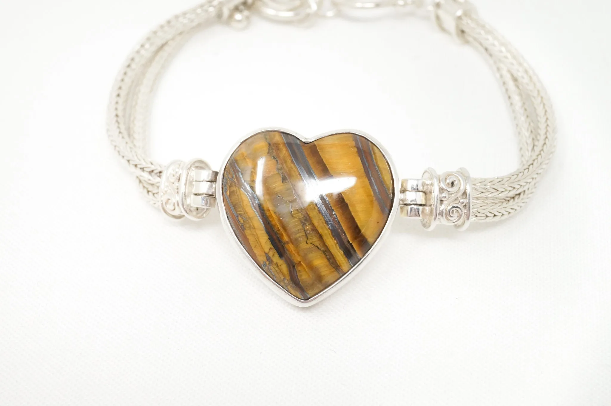 Vintage Designer Sajen Tigers Eye Heart Snake Chain Sterling Silver Bracelet