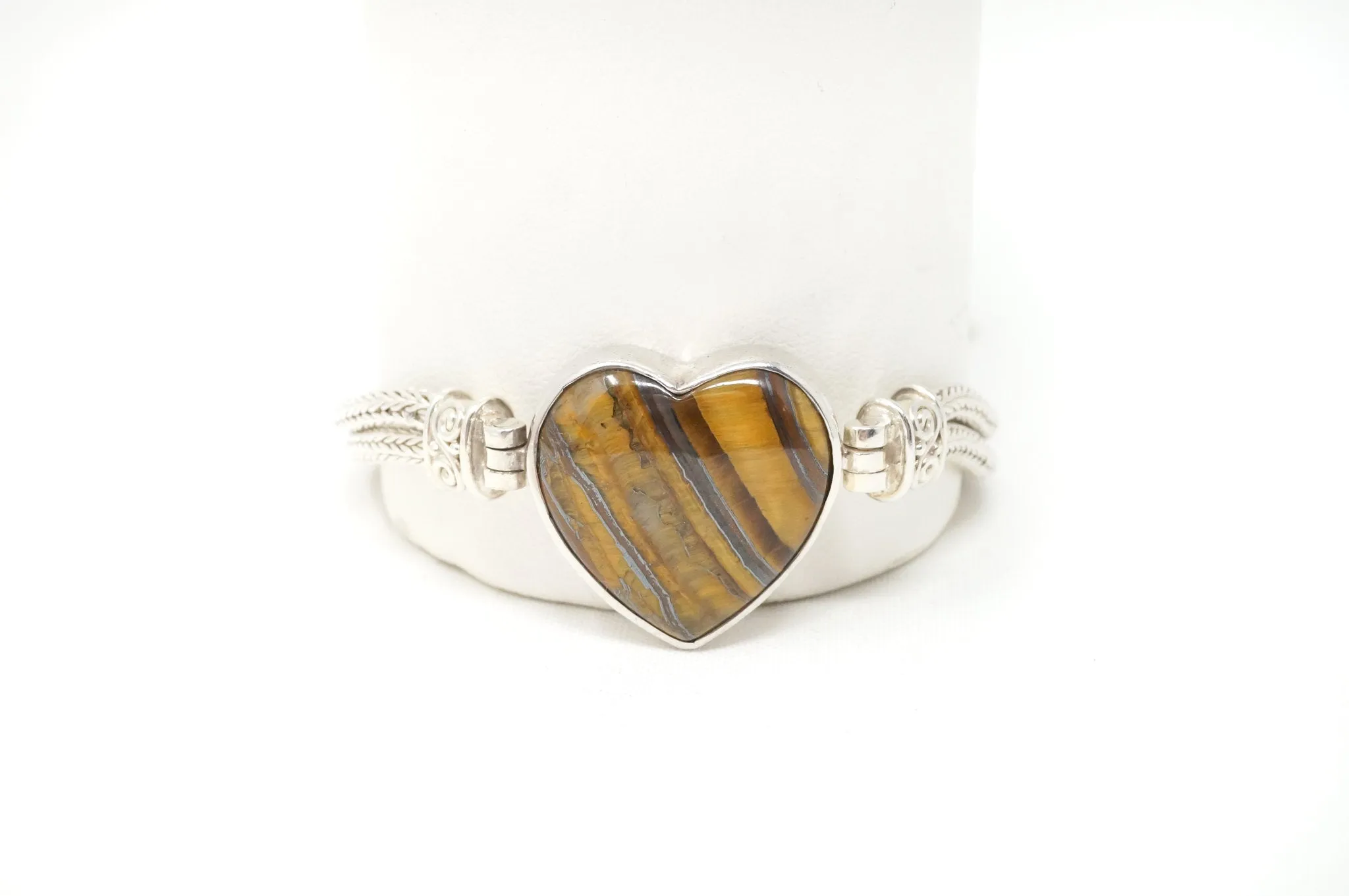 Vintage Designer Sajen Tigers Eye Heart Snake Chain Sterling Silver Bracelet