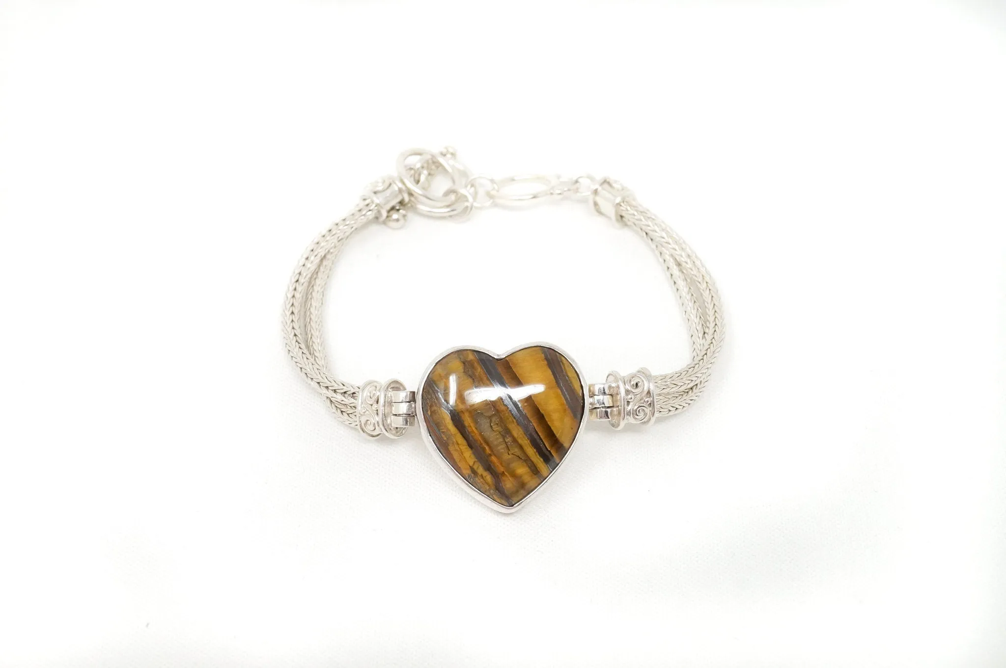 Vintage Designer Sajen Tigers Eye Heart Snake Chain Sterling Silver Bracelet