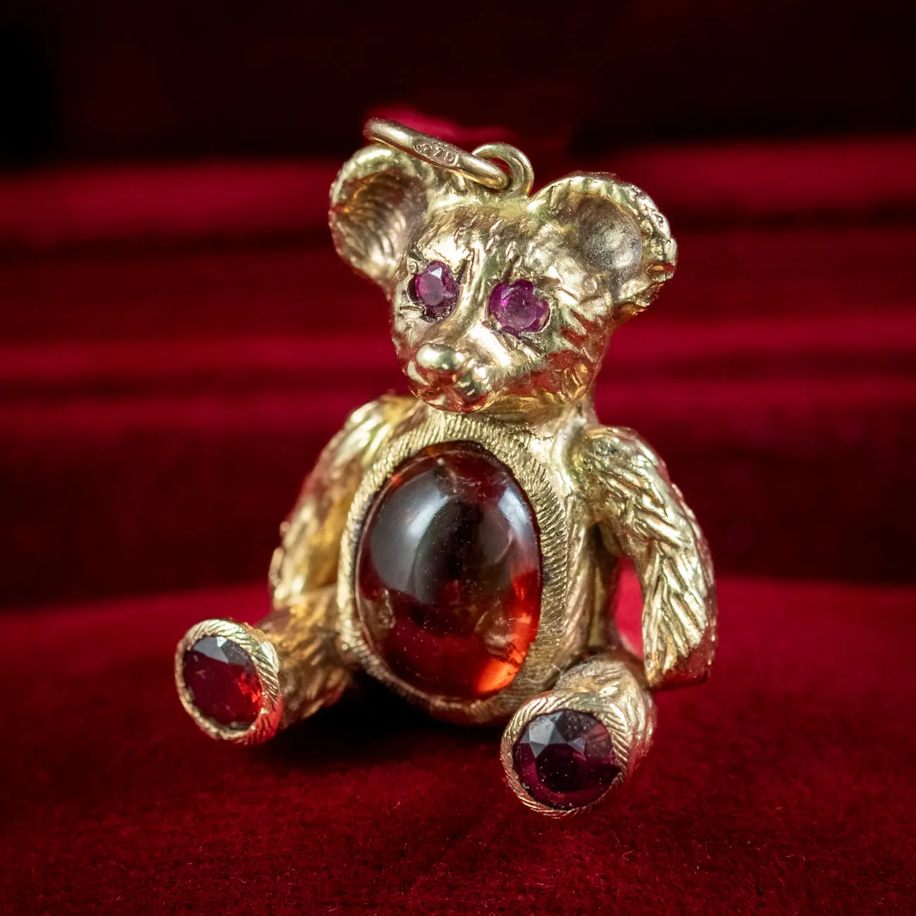 Vintage Garnet Ruby Teddy Bear Charm Pendant 9ct Gold Dated 1964