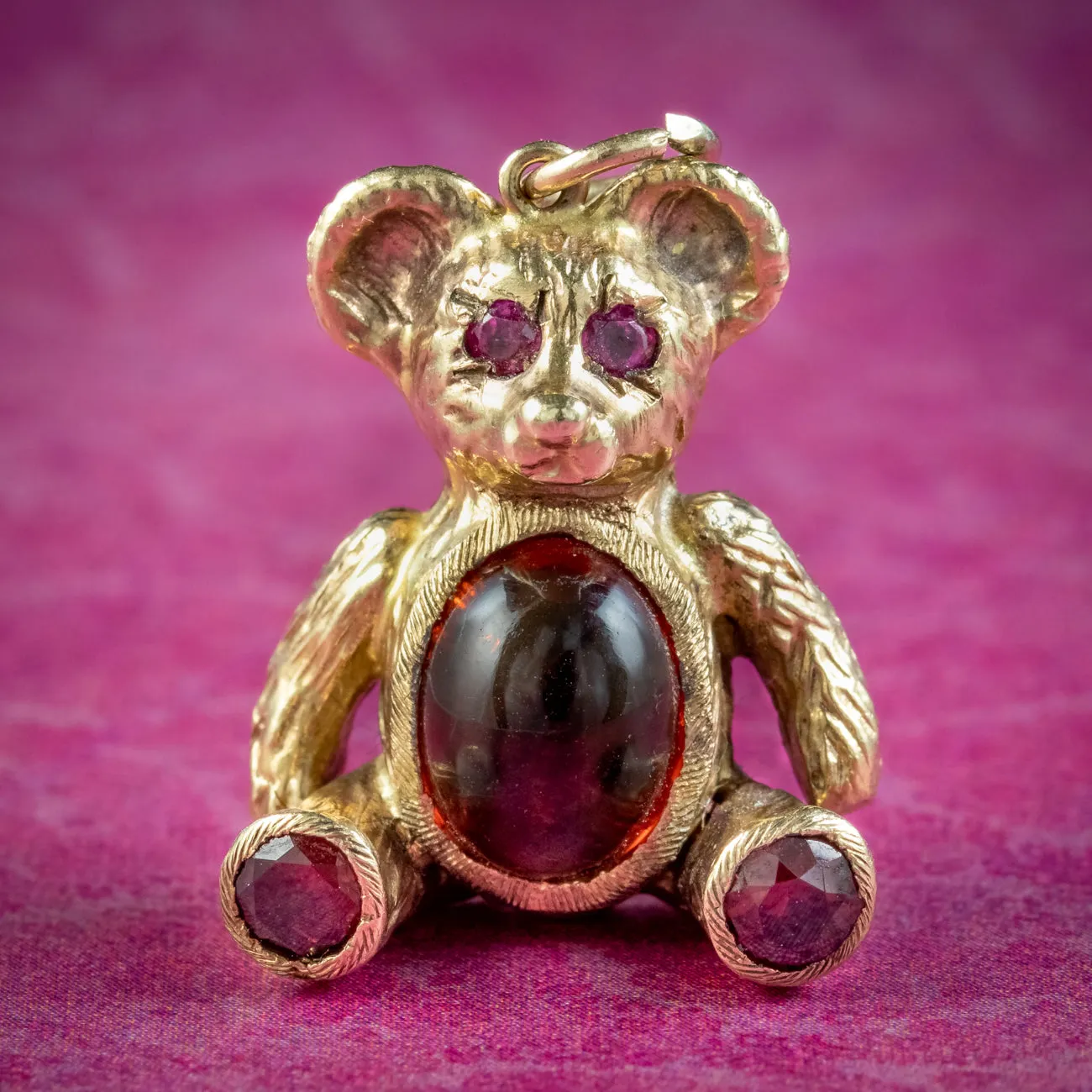 Vintage Garnet Ruby Teddy Bear Charm Pendant 9ct Gold Dated 1964